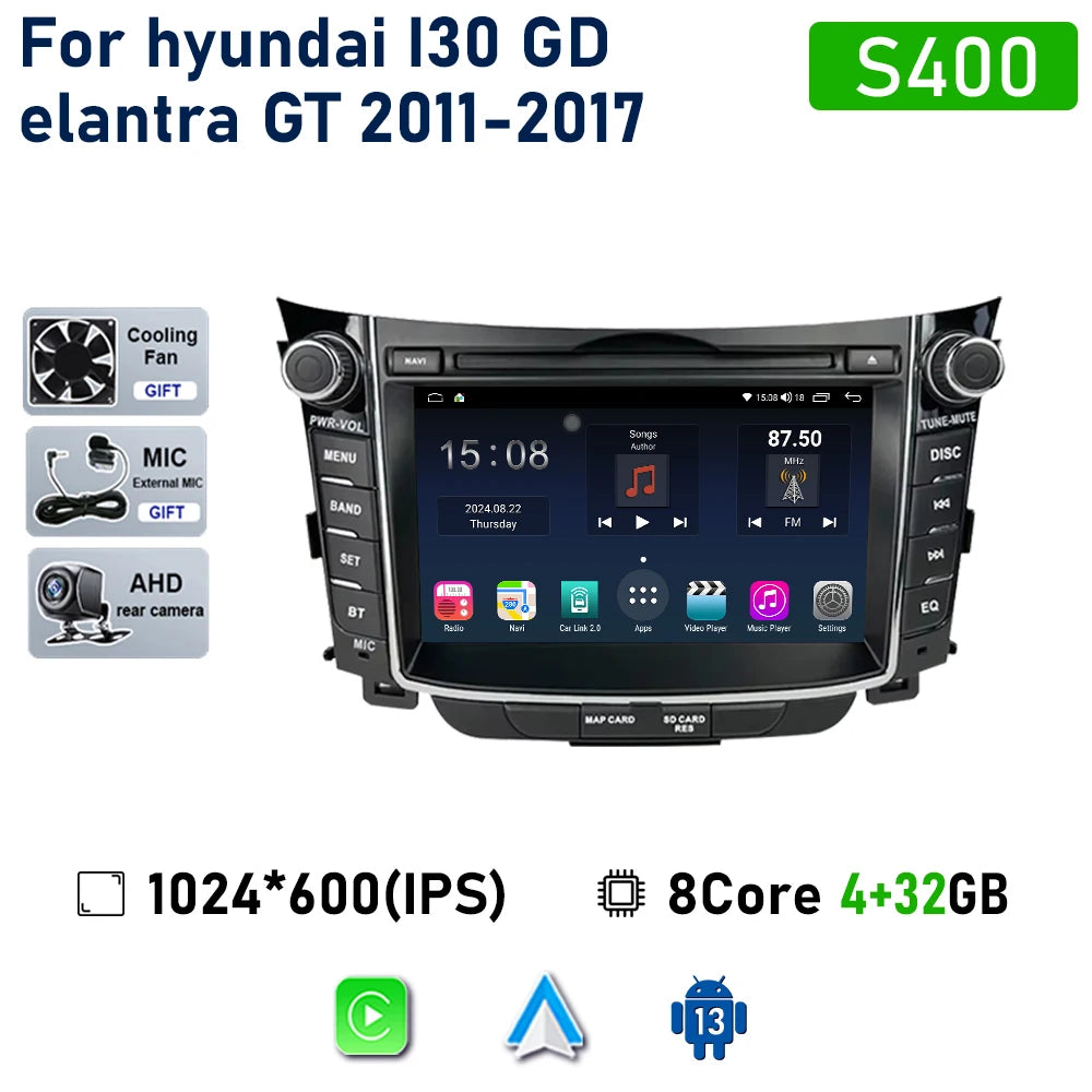 راديو سيارة لاسلكي Carplay لسيارة Hyundai I30 Elantra GT 2011 - 2017 Android Auto مشغل فيديو ستيريو متعدد الوسائط نظام تحديد المواقع والملاحة 