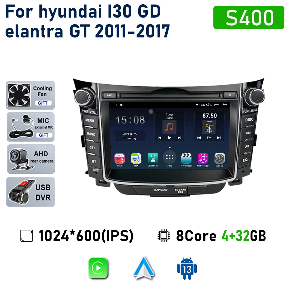 راديو سيارة لاسلكي Carplay لسيارة Hyundai I30 Elantra GT 2011 - 2017 Android Auto مشغل فيديو ستيريو متعدد الوسائط نظام تحديد المواقع والملاحة 