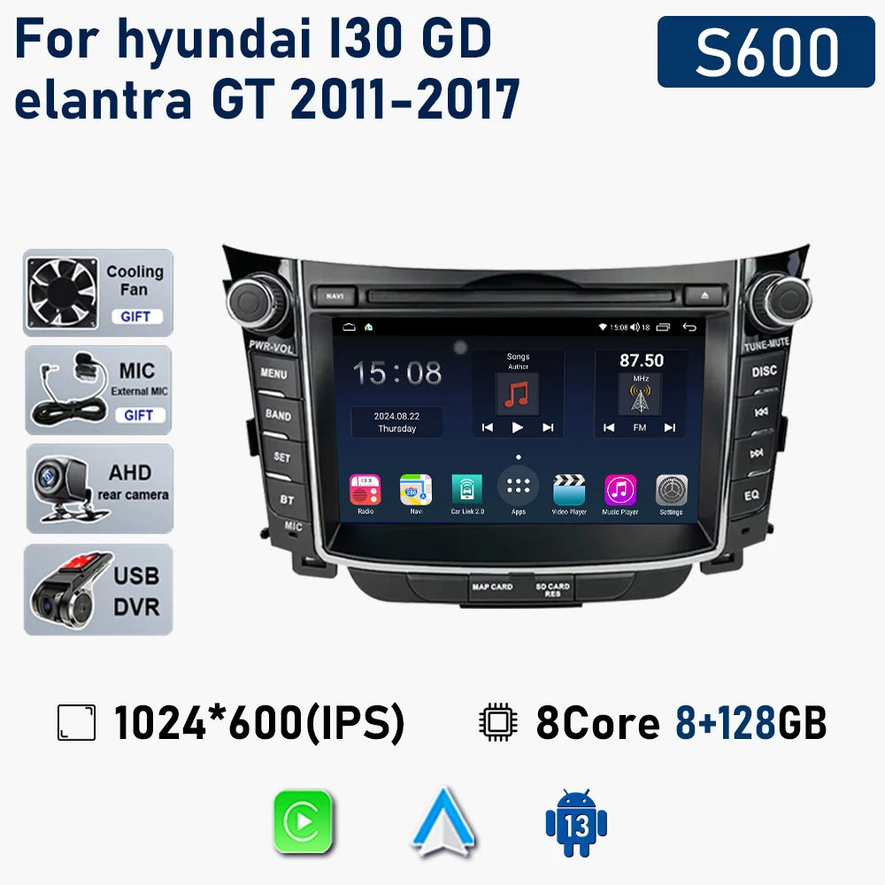 راديو سيارة لاسلكي Carplay لسيارة Hyundai I30 Elantra GT 2011 - 2017 Android Auto مشغل فيديو ستيريو متعدد الوسائط نظام تحديد المواقع والملاحة 