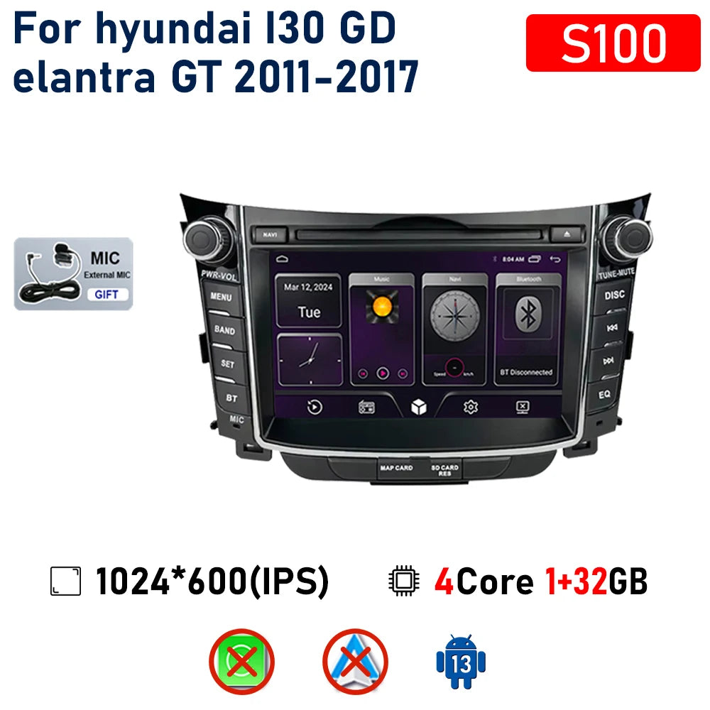راديو سيارة لاسلكي Carplay لسيارة Hyundai I30 Elantra GT 2011 - 2017 Android Auto مشغل فيديو ستيريو متعدد الوسائط نظام تحديد المواقع والملاحة 