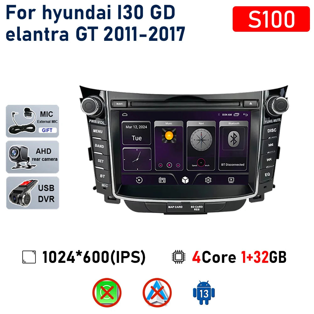 راديو سيارة لاسلكي Carplay لسيارة Hyundai I30 Elantra GT 2011 - 2017 Android Auto مشغل فيديو ستيريو متعدد الوسائط نظام تحديد المواقع والملاحة 