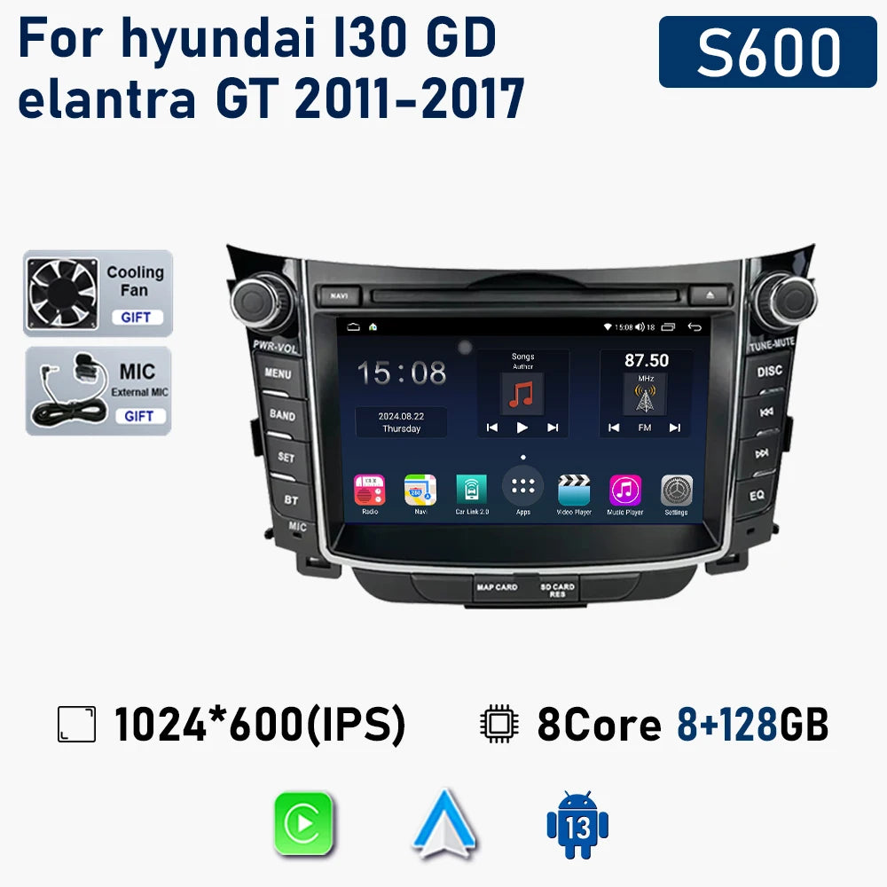 راديو سيارة لاسلكي Carplay لسيارة Hyundai I30 Elantra GT 2011 - 2017 Android Auto مشغل فيديو ستيريو متعدد الوسائط نظام تحديد المواقع والملاحة 