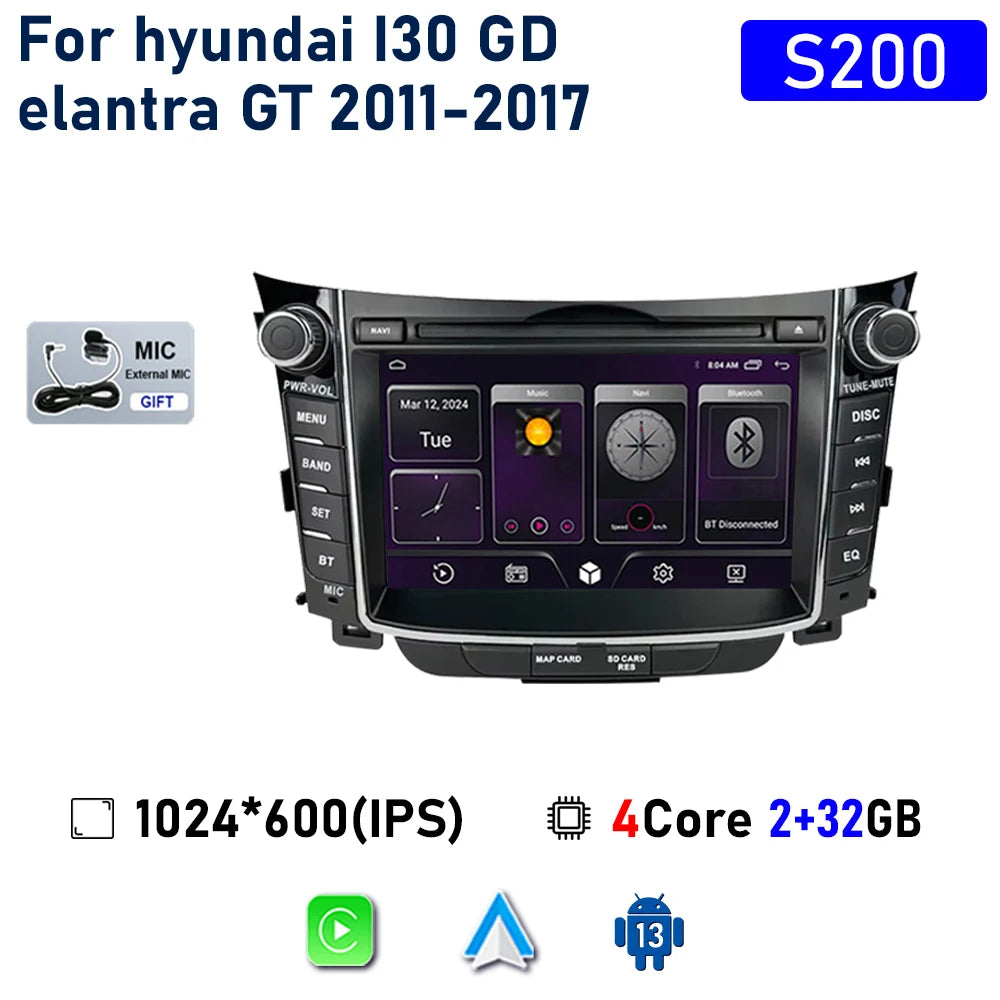 راديو سيارة لاسلكي Carplay لسيارة Hyundai I30 Elantra GT 2011 - 2017 Android Auto مشغل فيديو ستيريو متعدد الوسائط نظام تحديد المواقع والملاحة 
