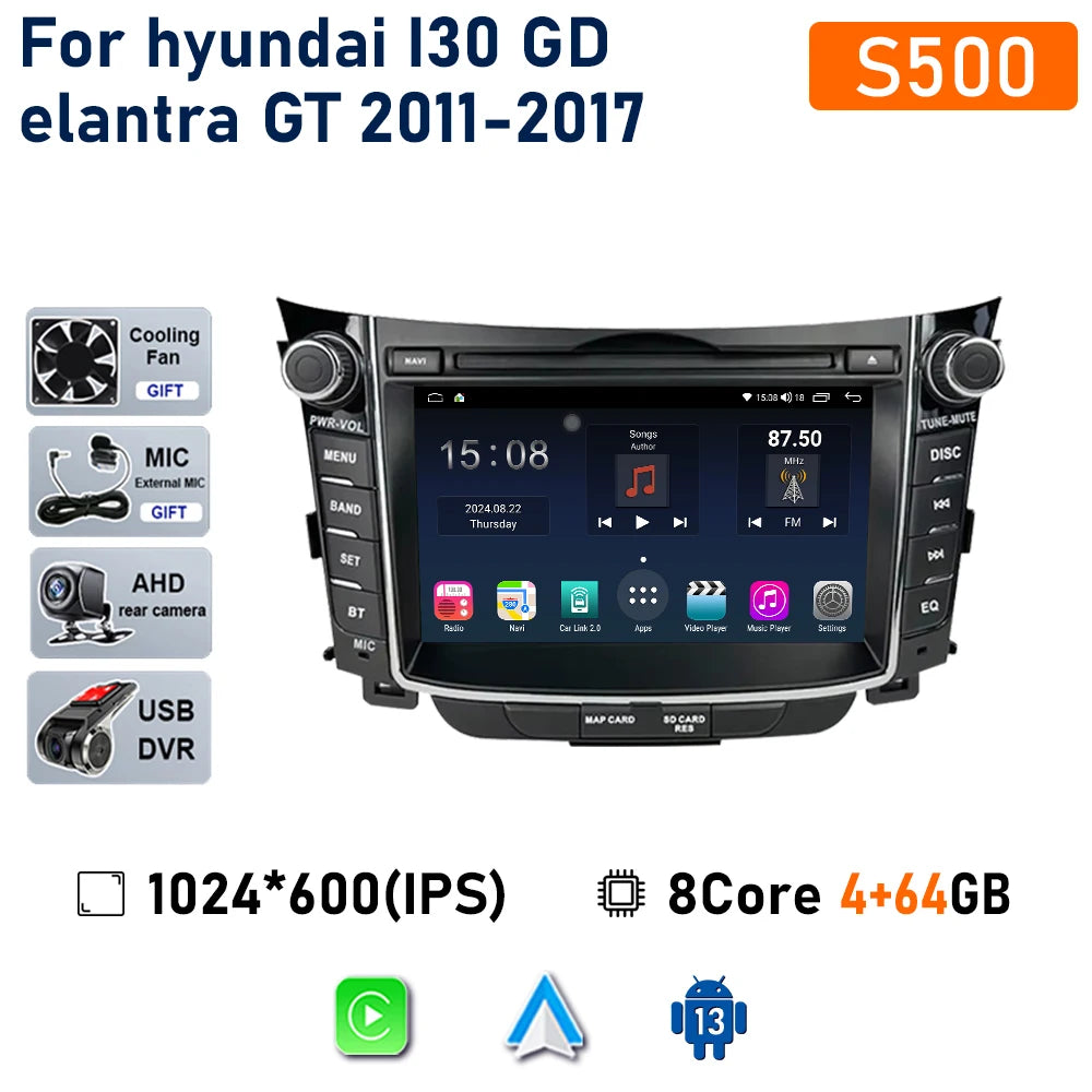 راديو سيارة لاسلكي Carplay لسيارة Hyundai I30 Elantra GT 2011 - 2017 Android Auto مشغل فيديو ستيريو متعدد الوسائط نظام تحديد المواقع والملاحة 