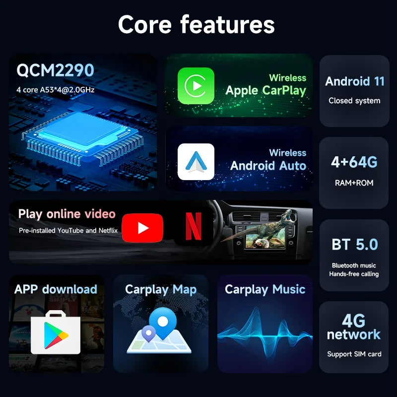 Gerllish Qualcomm 2290 Stereo Ai Box Android Car Wireless Car Play Android AuTO GPS SIM Card Wifi Split Screen 4 Core BT
