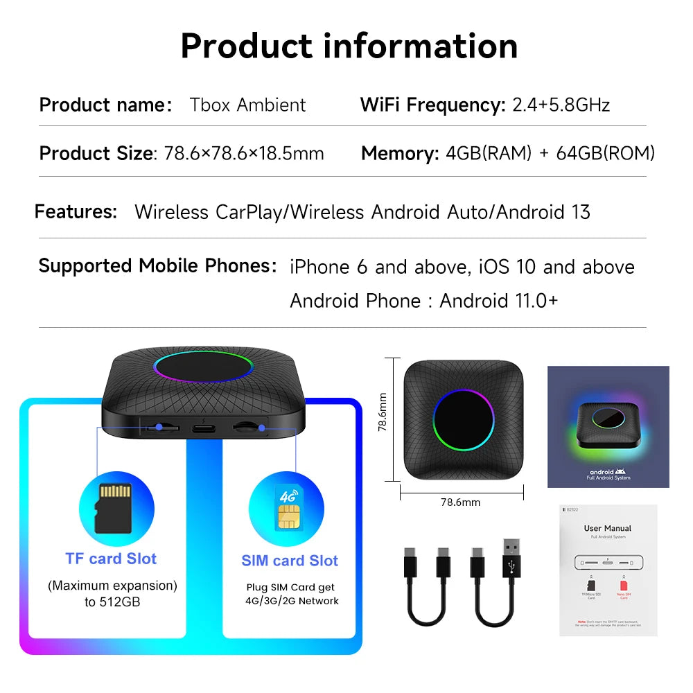 Make Carlink Tbox Sm6225 4 64Gb 13.0 Car Play Ai Box Dongle Carplay Wireless Adapter Carlinkit Box Android Auto Carplay