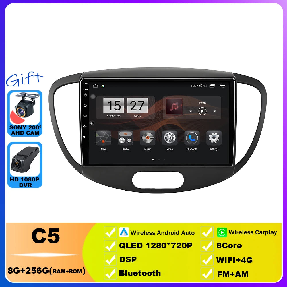 Car Radio For Hyundai i10 2007 2008 2009 2010 2011 - 2013 Multimedia Video Player GPS Stereo CarPlay 4G Navigationv Android 15