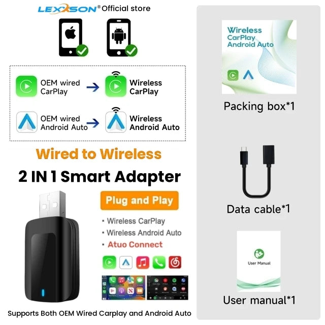 2024 New Wireless Carplay Android Auto Wireless Adapter Smart Dongle 2in 1 5G Wifi&Bluetooth 5 For Wired CP AA Connect Plug&Play