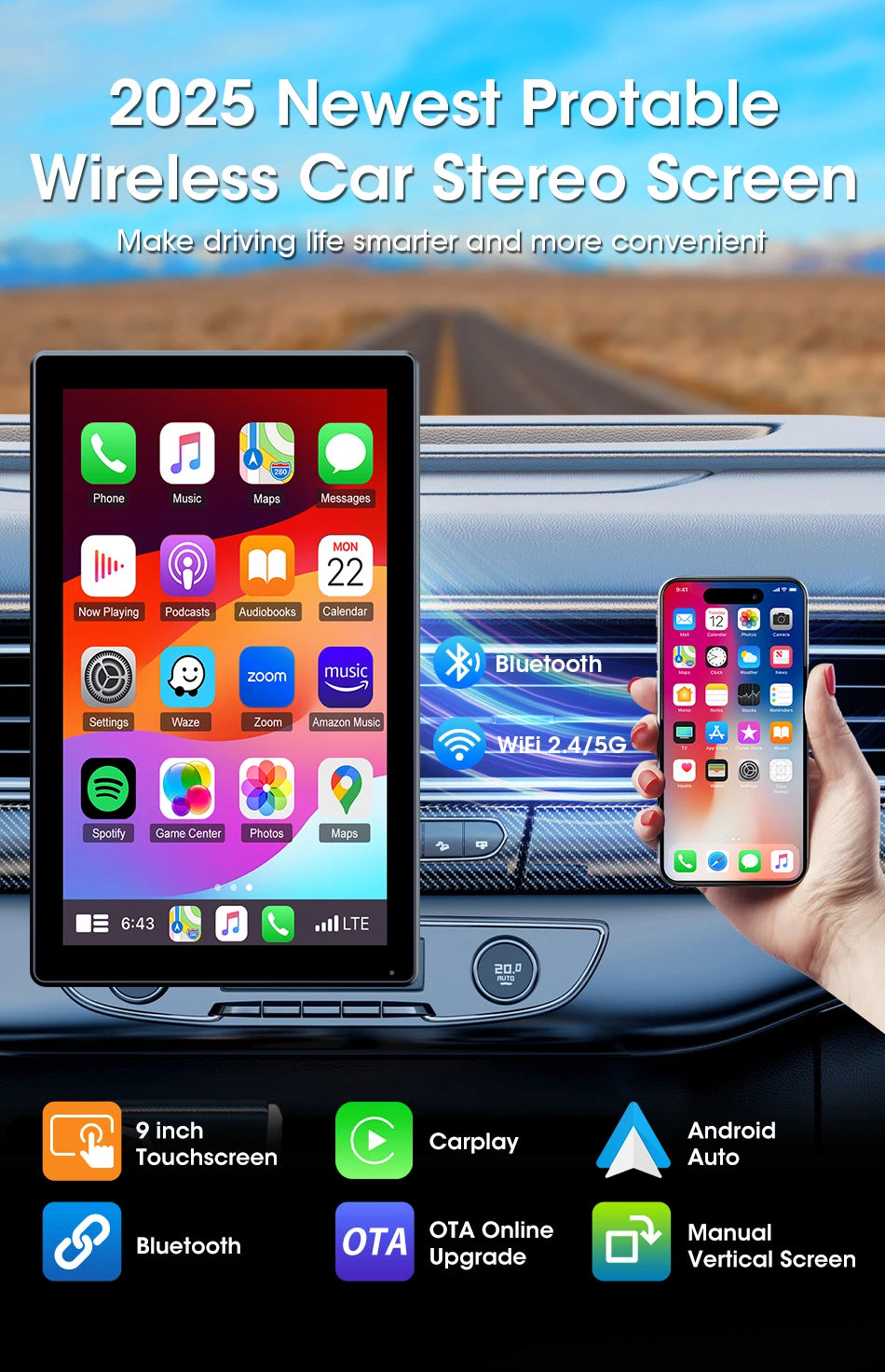 New 7/8/9" Carplay Screen for Car Vertical Screen Car Radio Wireless Carplay Android Auto Multimedia Video Player Car Monitors