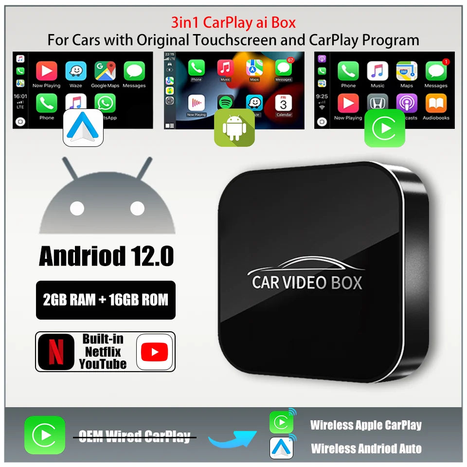 CarPlay Ai Box Wired to Wireless Andriod 12.0 & Carplay & Android Auto 3In1 Car Smart Multimedia Box Built-in Youtube Nexflit