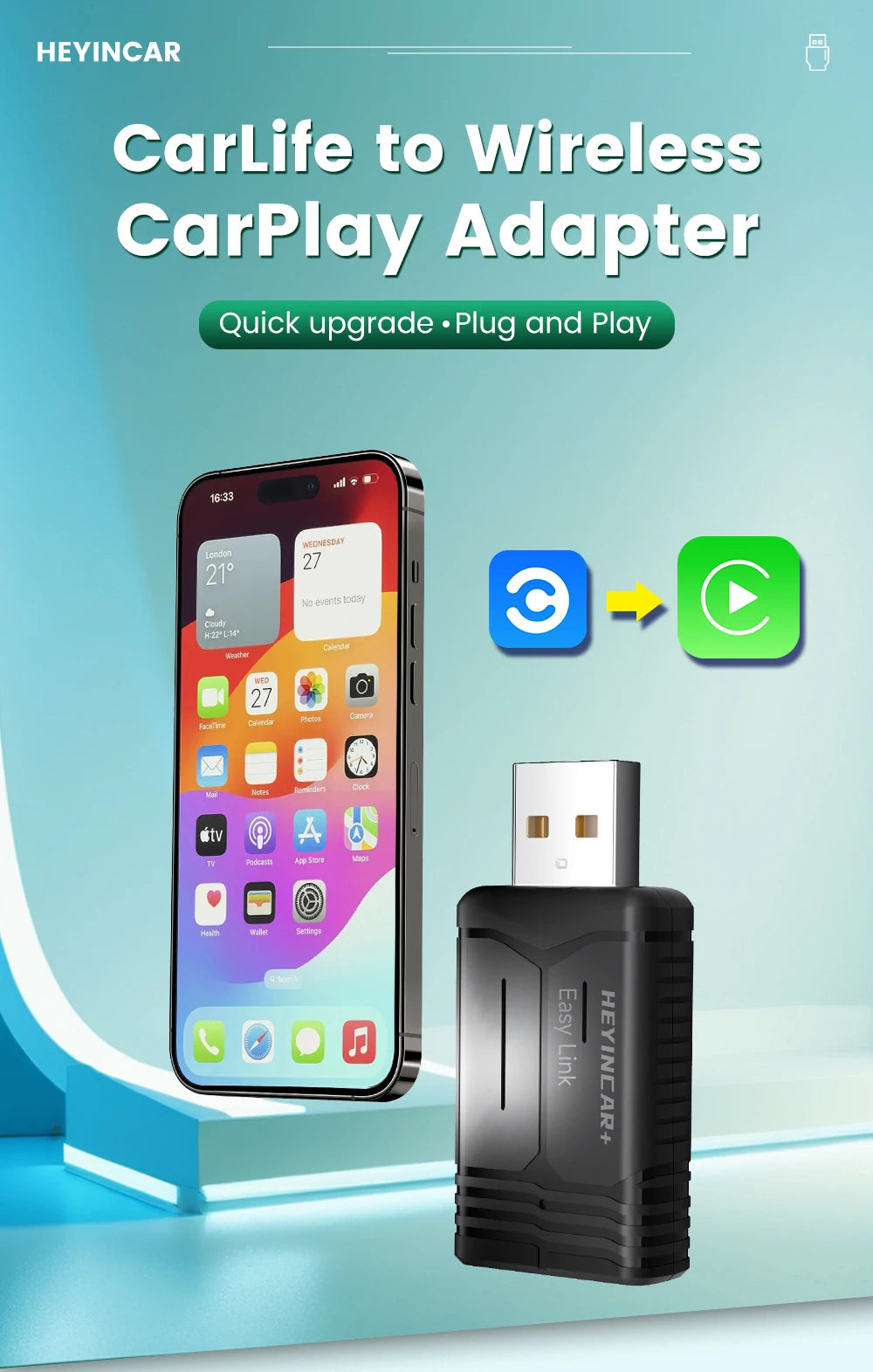 HEYINCAR Baidu Carlife to Carplay Wireless Adapter Auto Connect, Supports Online Music, Map Navigation