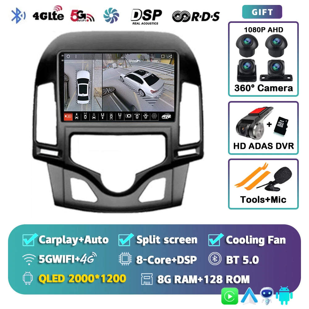Android 14 For Hyundai i30 2006-2011 MANUAL AC 2K QLED Android Car Radio Multimedia Video Player GPS Stereo CarPlay Navigation