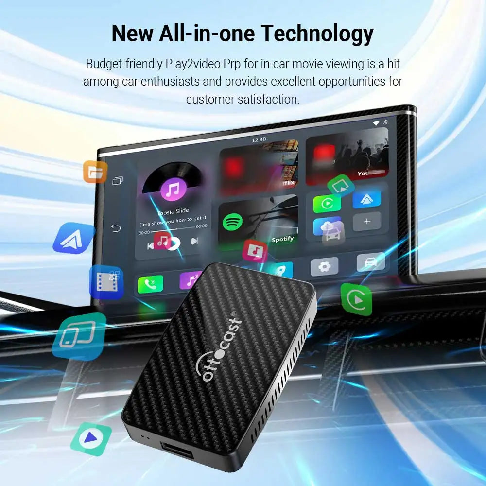 Play2Video Pro Wireless CarPlay Android Auto Adapter for Factory Cars with Builtin Apps for YouTube Spotify