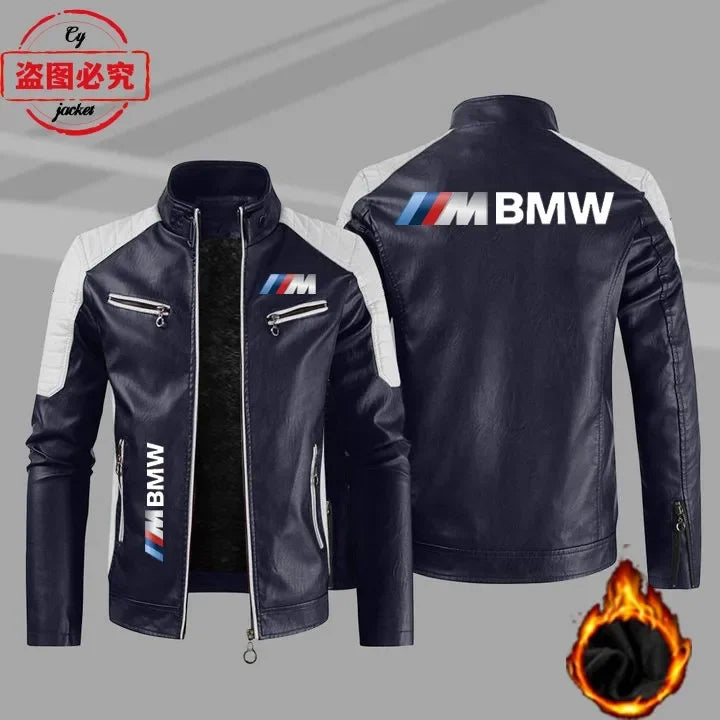 سترة من الجلد الصناعي بشعار BMW Motorrad M مطبوع عليها شعار فريق سباق الدراجات النارية، وسترة رجالية بشعار سيارة BMW