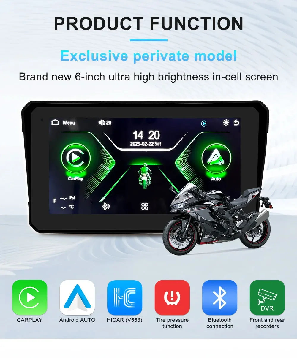 6 inch Motorcycle Navigation GPS Screen 1440*720P Wireless CarPlay Android Auto Motorcycle GPS Motor DVR Monitor TPMS Optional