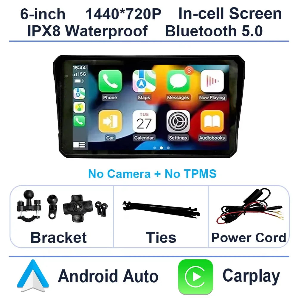 6 inch Motorcycle Navigation GPS Screen 1440*720P Wireless CarPlay Android Auto Motorcycle GPS Motor DVR Monitor TPMS Optional