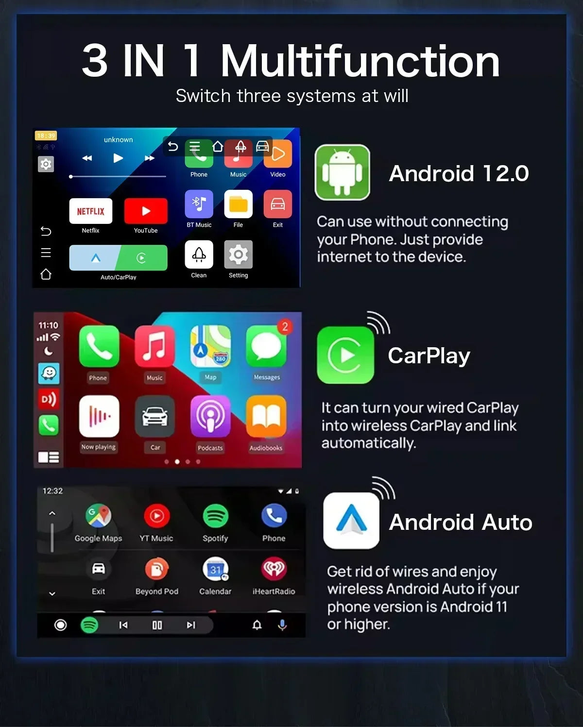 CarPlay Ai Box Wired to Wireless Andriod 12.0 & Carplay & Android Auto 3In1 Car Smart Multimedia Box Built-in Youtube Nexflit