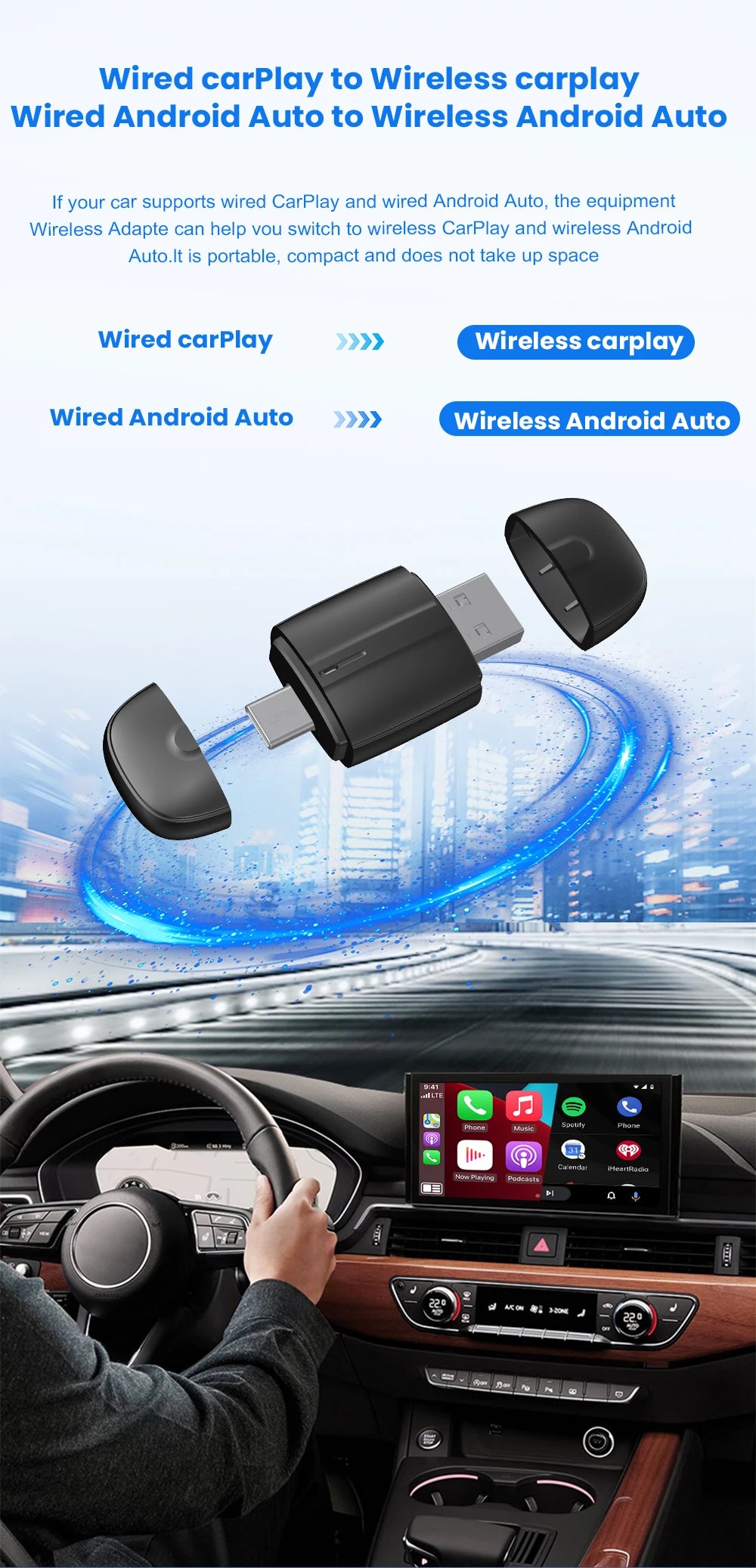 Android Auto Wireless Carplay Type-c USB Bluetooth Wifi Plug and Play 2In1 Dongle For Chevrolet Citroen Buick Cadillac Chery VW
