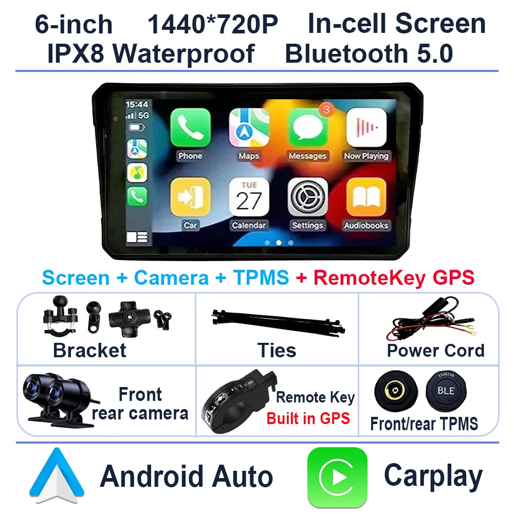 6 inch Motorcycle Navigation GPS Screen 1440*720P Wireless CarPlay Android Auto Motorcycle GPS Motor DVR Monitor TPMS Optional