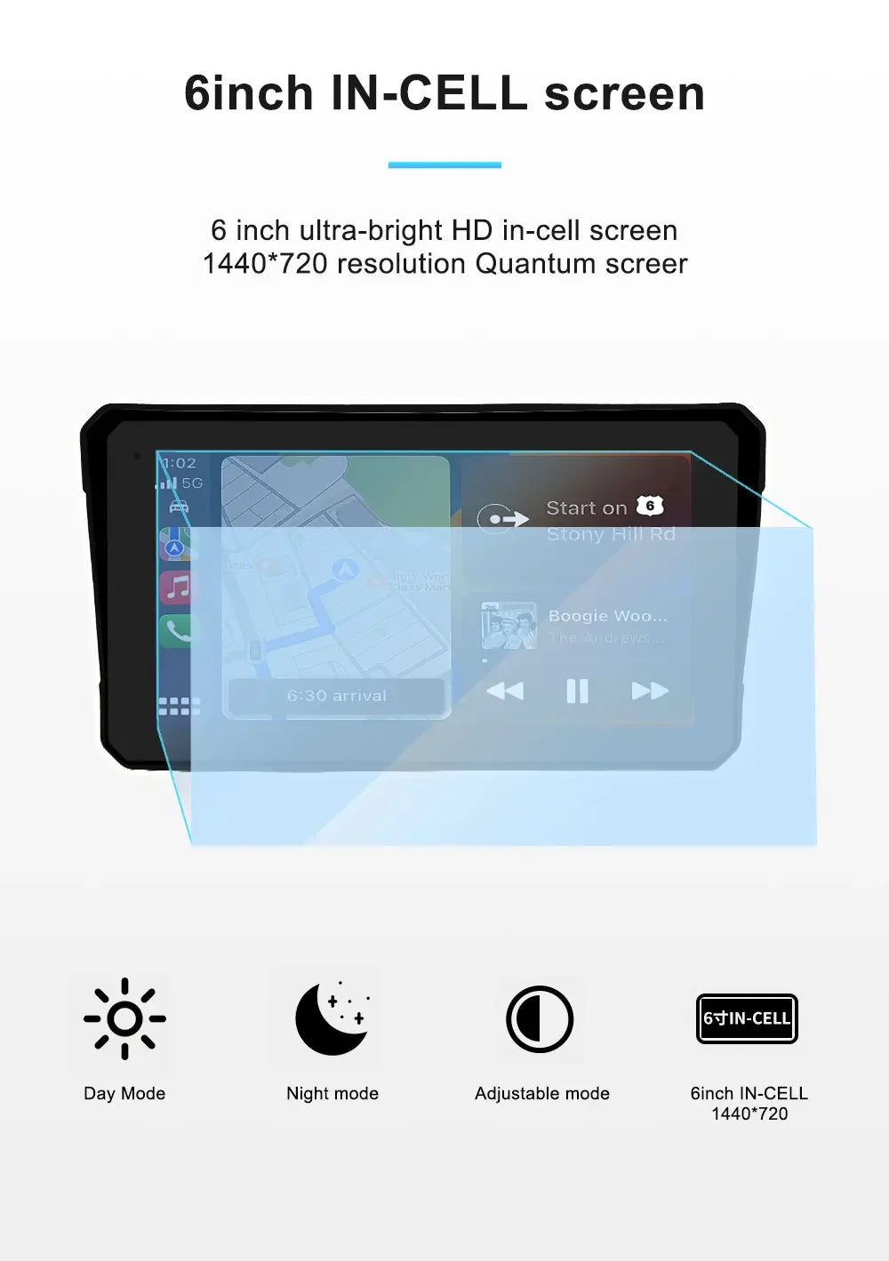 6 inch Motorcycle Navigation GPS Screen 1440*720P Wireless CarPlay Android Auto Motorcycle GPS Motor DVR Monitor TPMS Optional