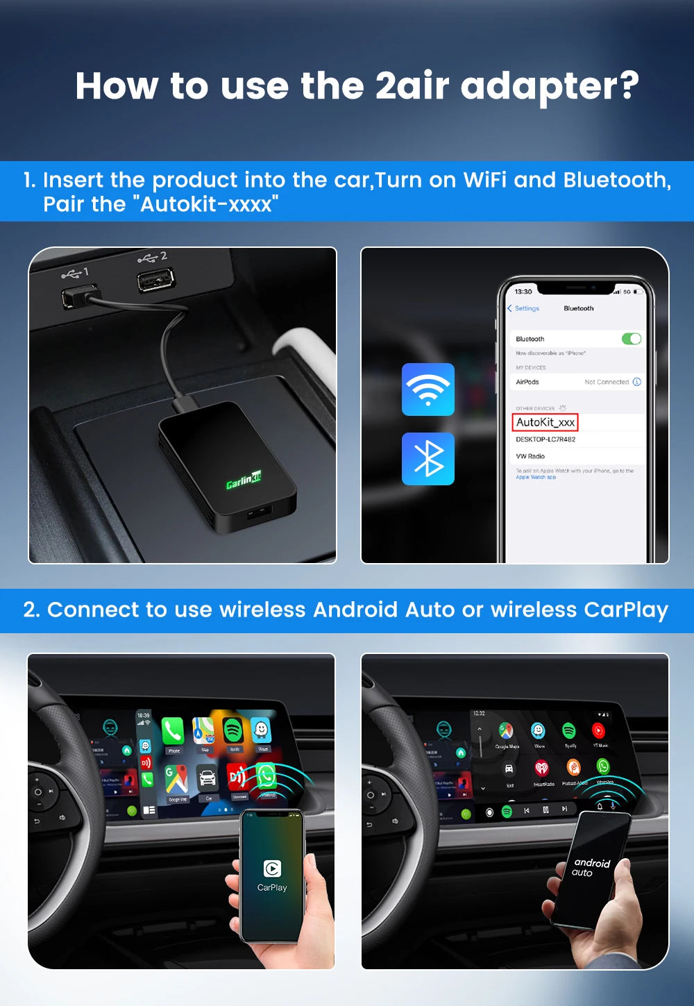 CarlinKit 5.0 & CarlinKit 4.0 Wireless CarPlay Android Auto Waze Music Spotify Auto For Audi Golf Peugeot Mazda KIA Mercedes MG