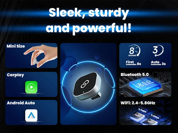 2 in 1 Wireless CarPlay Adapter Plug & Plug Auto Connect No Delay Converts Wired to Wireless Compatible for iPhone & Android