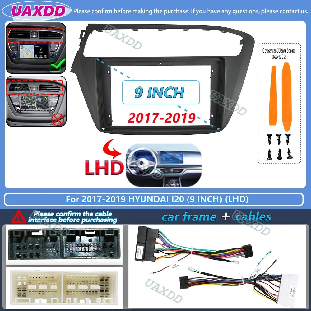 For 2014-2019 HYUNDAI I20 9INCH 2 Din Car stereo radio Android frame panel fascia cable video harness adapter player multimedia
