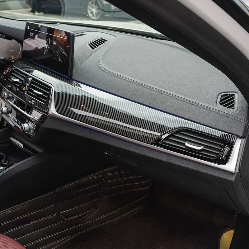 لسيارات BMW الفئة الخامسة G30 G38 2018-2023 من ألياف الكربون لوحة التحكم المركزية غطاء لوحة القيادة ملصقات الزخرفة ملحقات ضبط التصميم الداخلي
