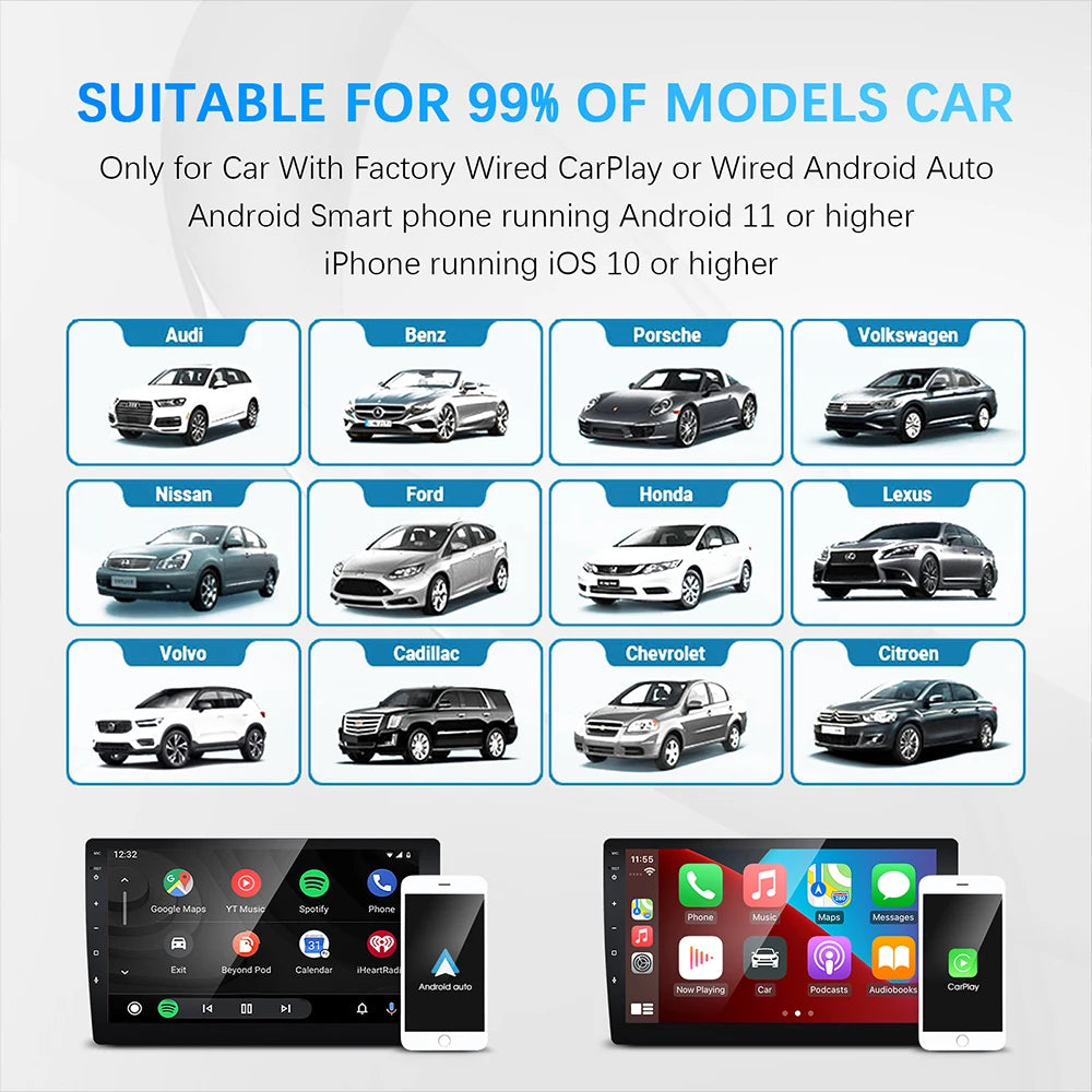2 in 1 AI Box Mini Adapter Wired to Wireless Carplay&Android Auto Compatible with 99% of Cars Plug and Play WiFi Smart Dongle