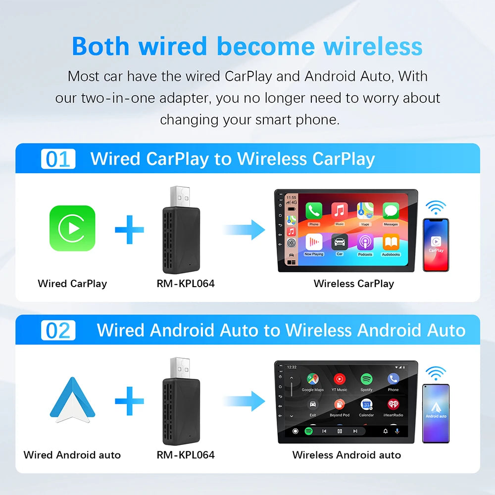 2024 New Wireless Carplay Android Auto Wireless Adapter Smart Dongle 2in 1 5G Wifi&Bluetooth 5 For Wired CP AA Connect Plug&Play