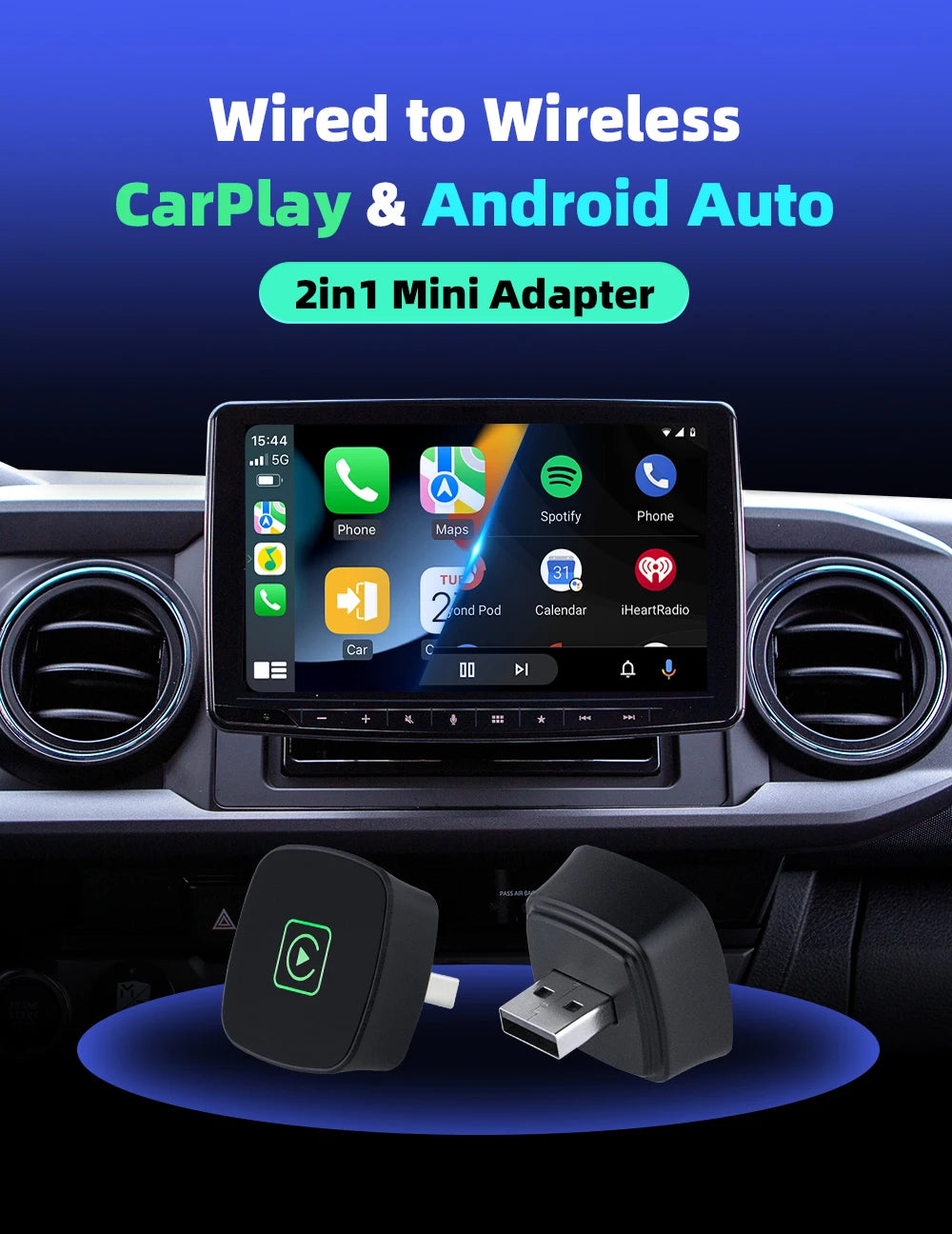 Plug-And-Play 2 In 1 Wireless Carplay Android Auto for Hyundai Honda Haval Genesis Ford Fiat Dodge Chevrolet Borgward Ram Volvo