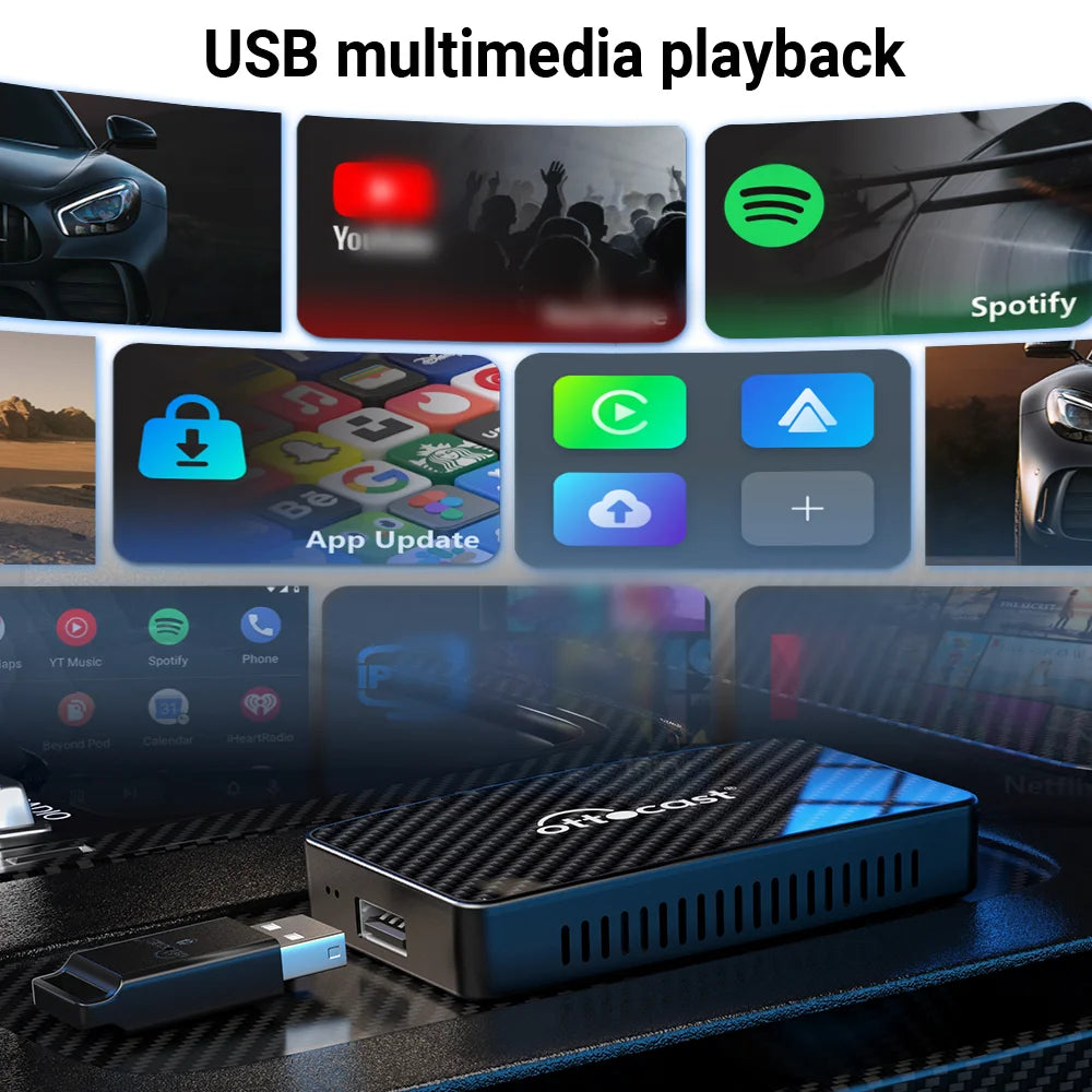 Play2Video Pro Wireless CarPlay Android Auto Adapter for Factory Cars with Builtin Apps for YouTube Spotify