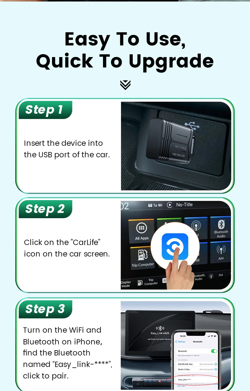HEYINCAR Baidu Carlife to Carplay Wireless Adapter Auto Connect, Supports Online Music, Map Navigation