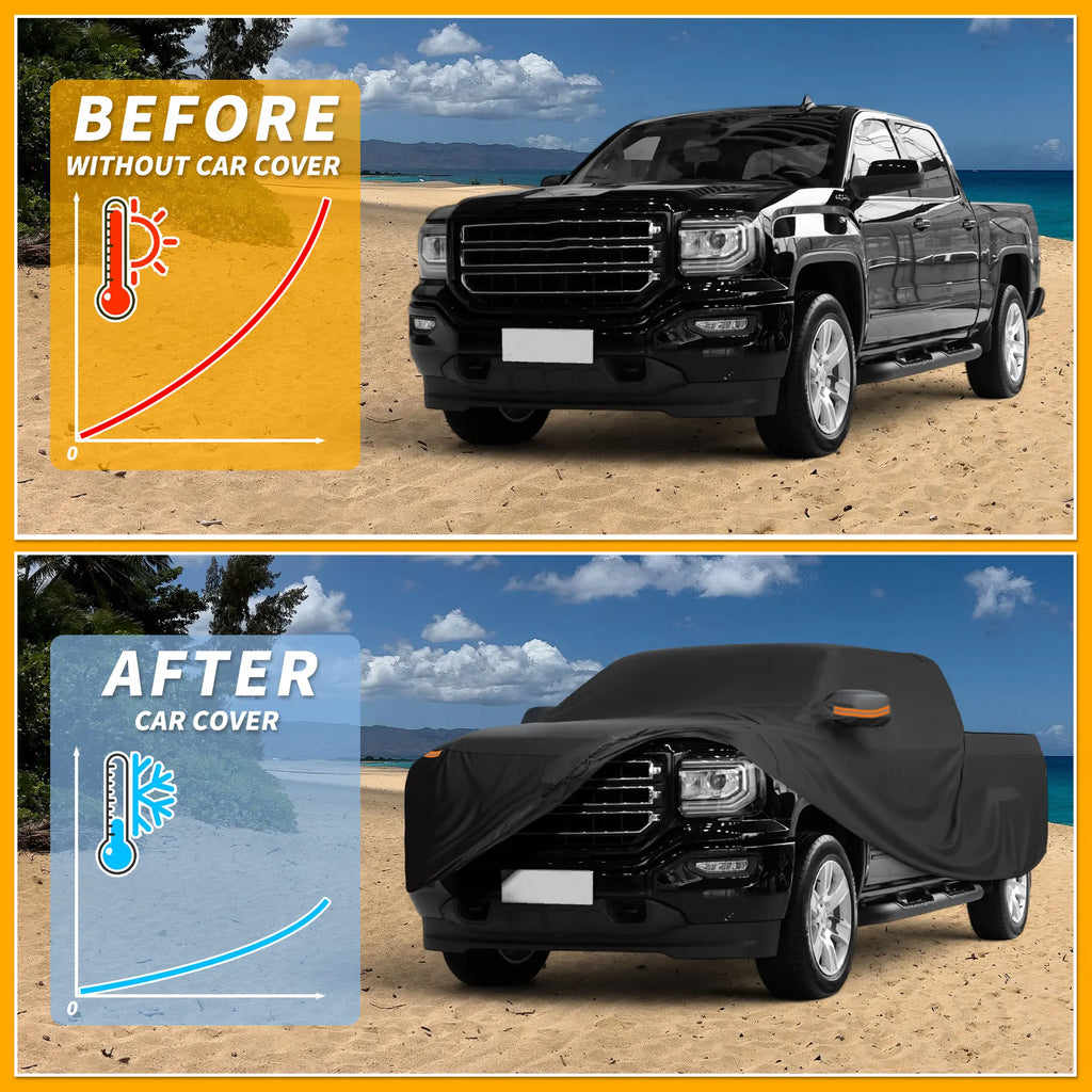 غطاء سيارة مقاوم للماء لجميع الأحوال الجوية وحماية من الشمس والمطر وغطاء خارجي كامل لسيارة GMC Sierra باللون الأسود مع شرائط عاكسة