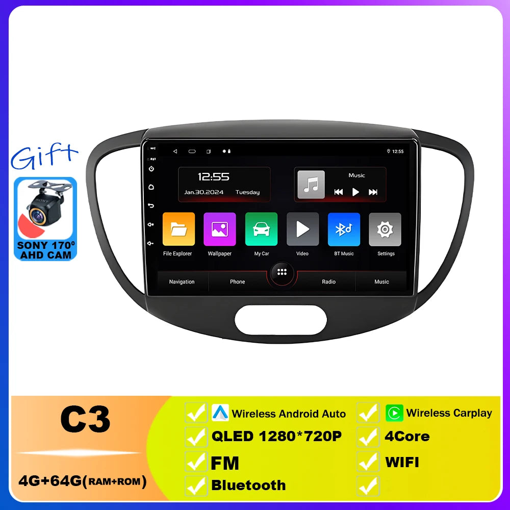Car Radio For Hyundai i10 2007 2008 2009 2010 2011 - 2013 Multimedia Video Player GPS Stereo CarPlay 4G Navigationv Android 15