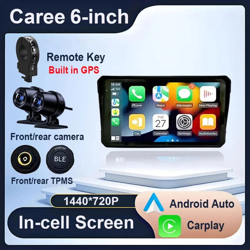 6 inch Motorcycle Navigation GPS Screen 1440*720P Wireless CarPlay Android Auto Motorcycle GPS Motor DVR Monitor TPMS Optional