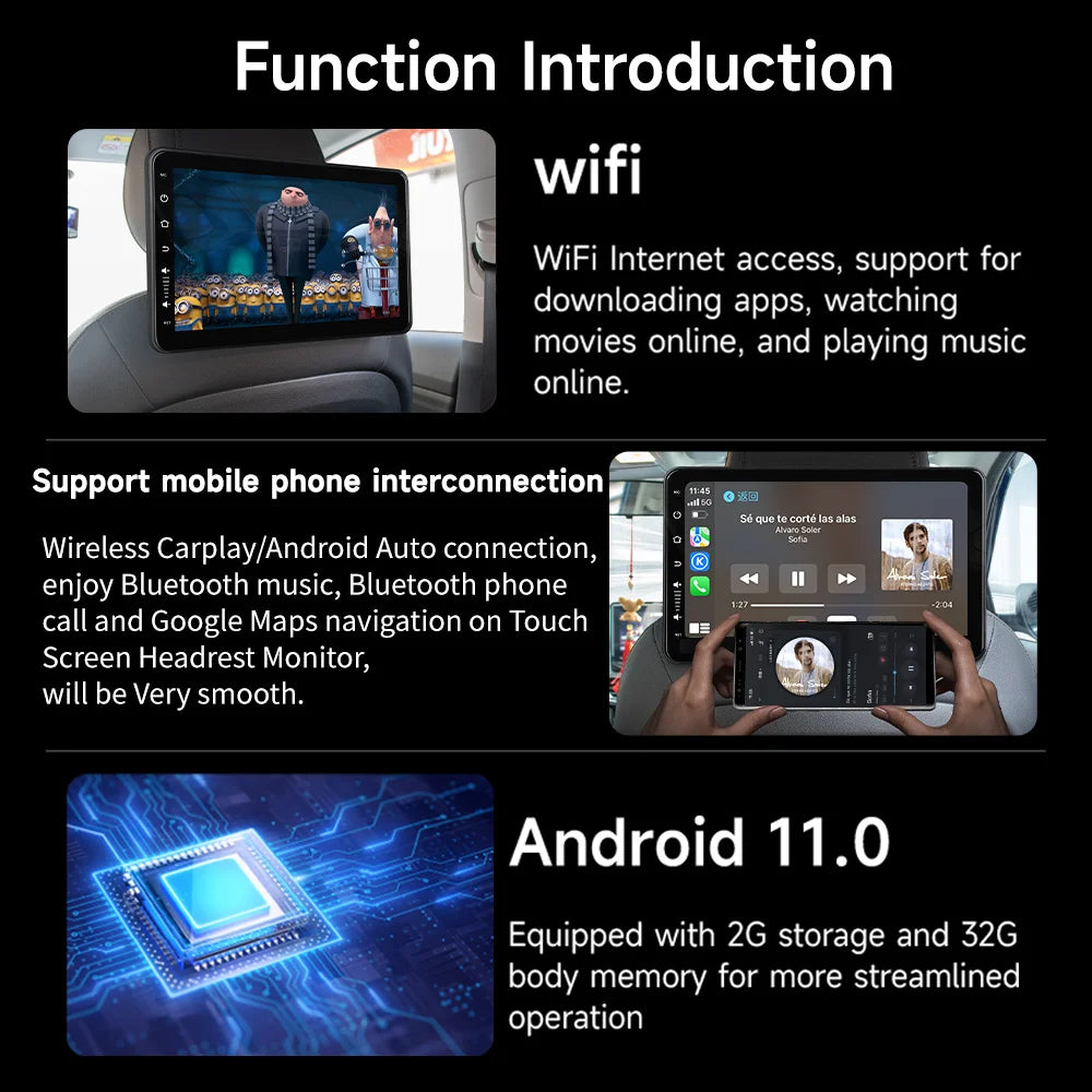 JIUYIN Car Screens Rear Seat Monitor Headrest TV Screen Android Auto CarPlay WiFi Movie/Netflix/Youtube Online Video Player