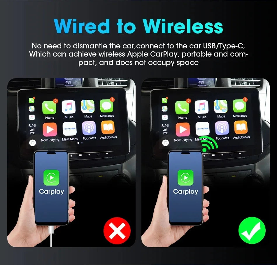 2 in1 Wired to Wireless CarPlay Adapter Plug & Plug Auto Connect Converts for Wired Cars Compatible CarPlay & Android Auto