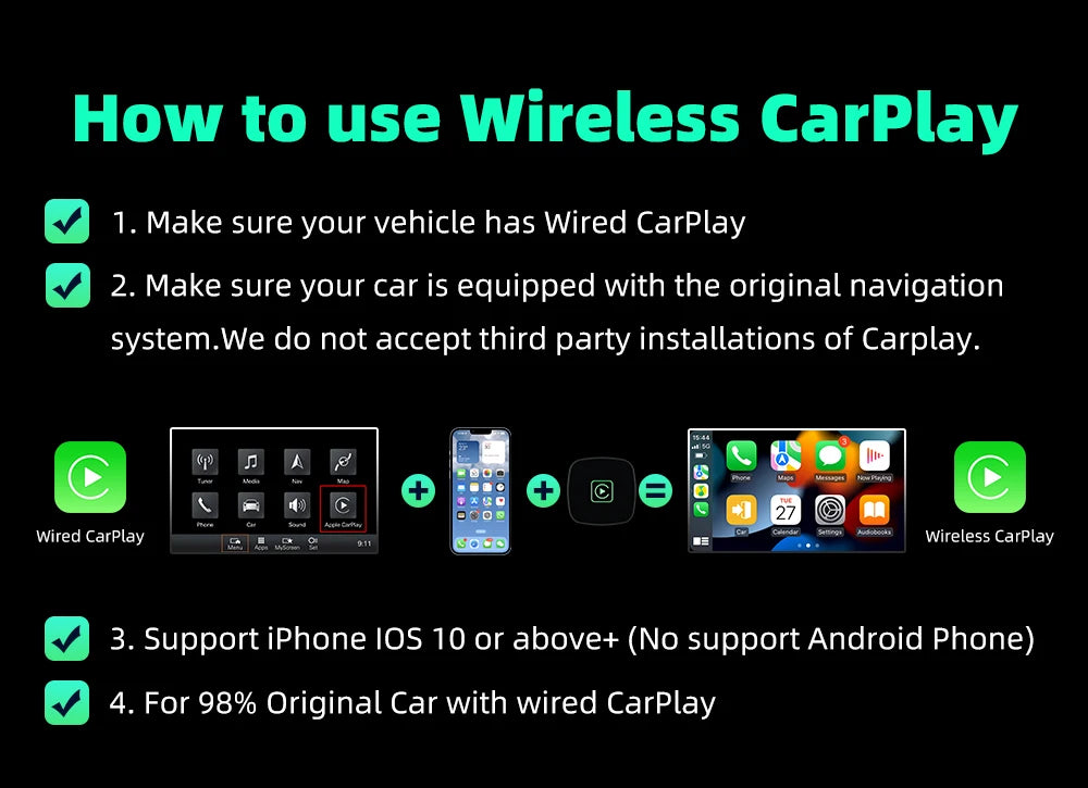 Plug-And-Play 2 In 1 Wireless Carplay Android Auto for Hyundai Honda Haval Genesis Ford Fiat Dodge Chevrolet Borgward Ram Volvo