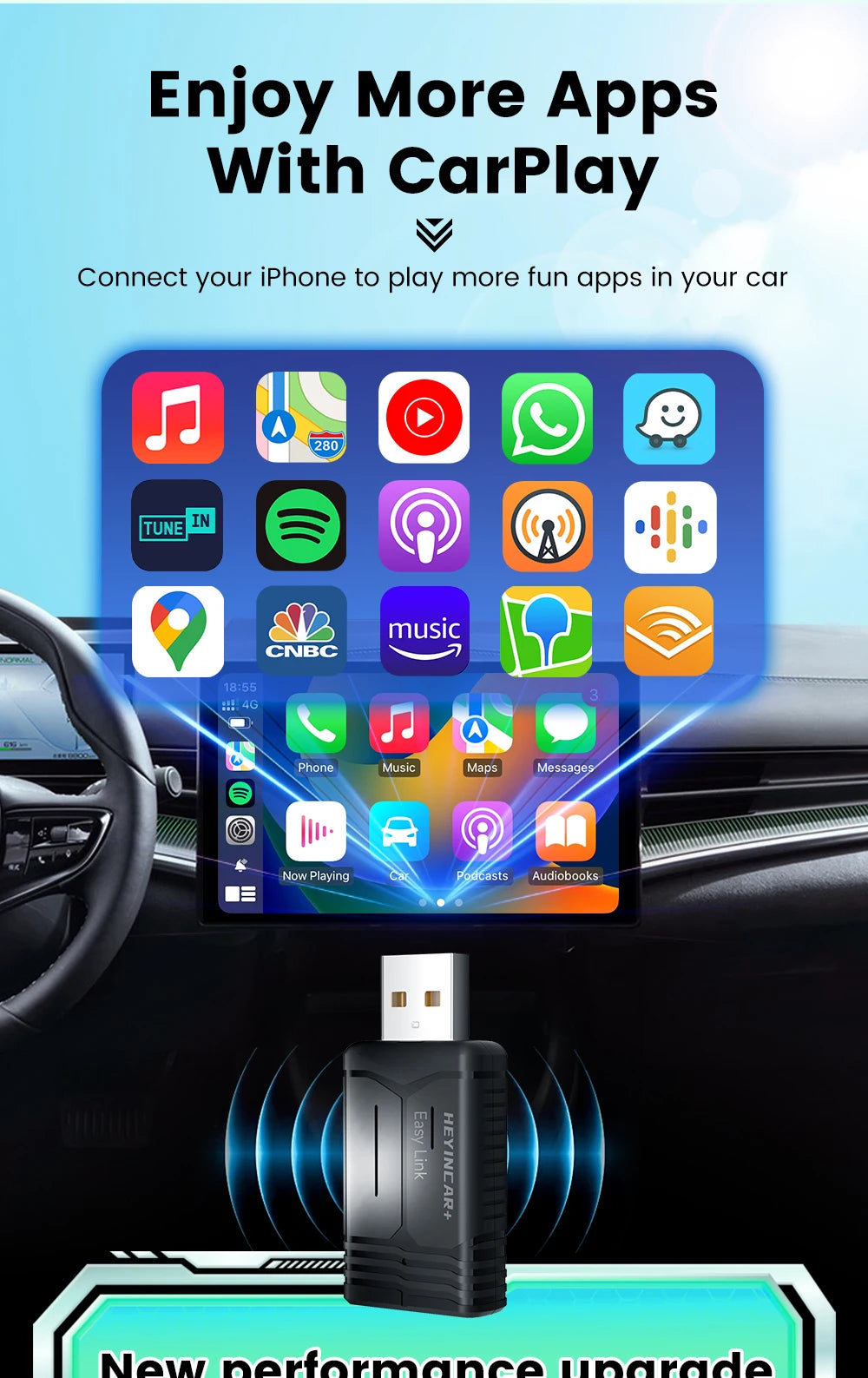 HEYINCAR Baidu Carlife to Carplay Wireless Adapter Auto Connect, Supports Online Music, Map Navigation
