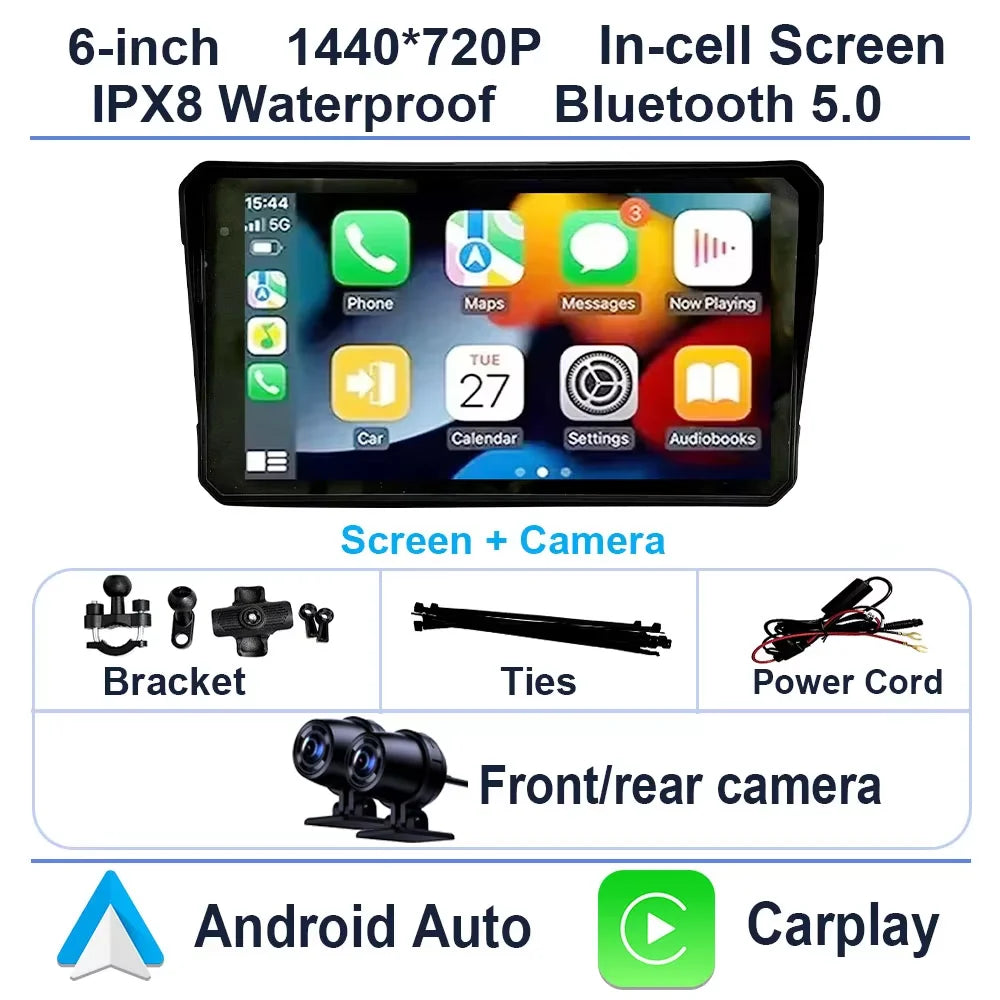 6 inch Motorcycle Navigation GPS Screen 1440*720P Wireless CarPlay Android Auto Motorcycle GPS Motor DVR Monitor TPMS Optional