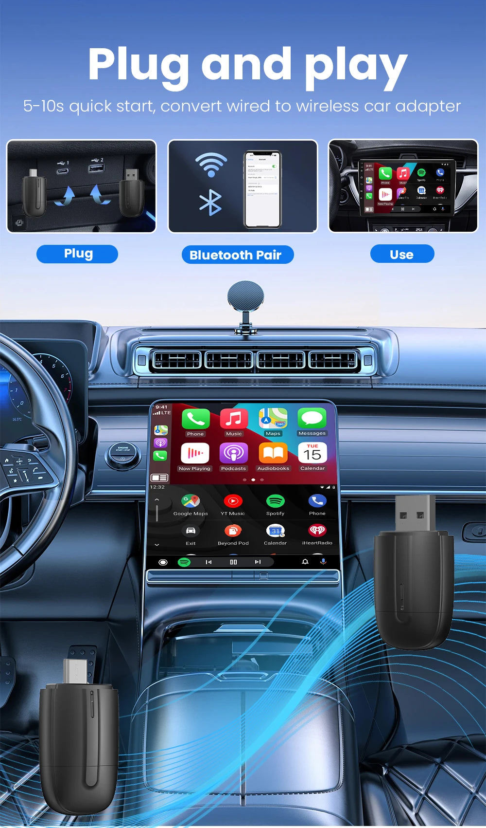 Android Auto Wireless Carplay Type-c USB Bluetooth Wifi Plug and Play 2In1 Dongle For Chevrolet Citroen Buick Cadillac Chery VW