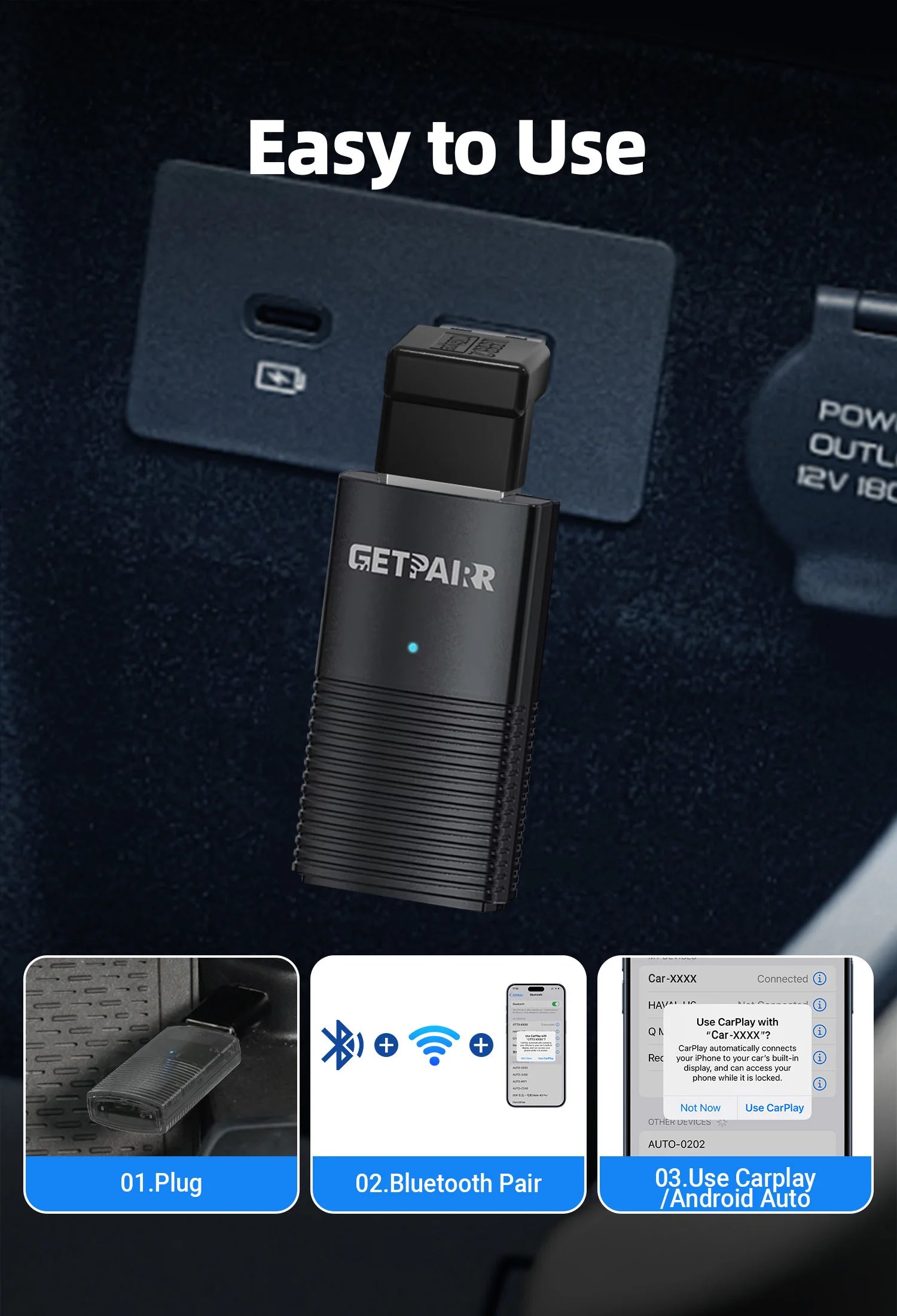 GetPairr Wireless CarPlay Dongle Android Auto Mini Adapter Plug And Play WiFi Fast Connect Universal For Cars with Wired Carplay