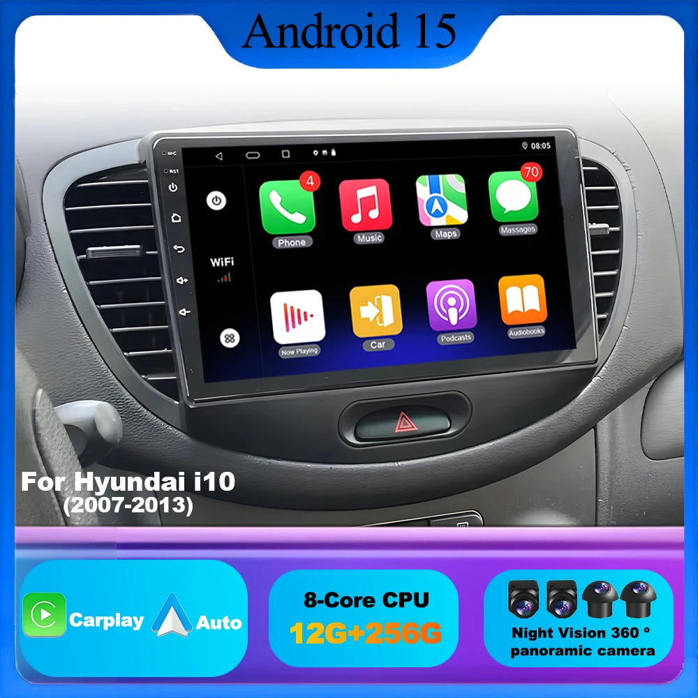 Car Radio For Hyundai i10 2007 2008 2009 2010 2011 - 2013 Multimedia Video Player GPS Stereo CarPlay 4G Navigationv Android 15