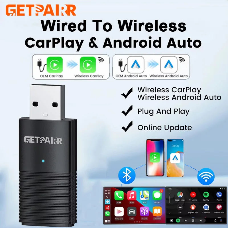 GetPairr Wireless CarPlay Dongle Android Auto Mini Adapter Plug And Play WiFi Fast Connect Universal For Cars with Wired Carplay