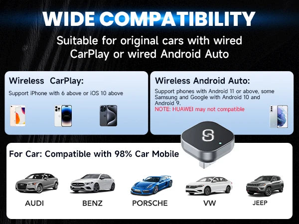 2 in 1 Wireless CarPlay Adapter Plug & Plug Auto Connect No Delay Converts Wired to Wireless Compatible for iPhone & Android