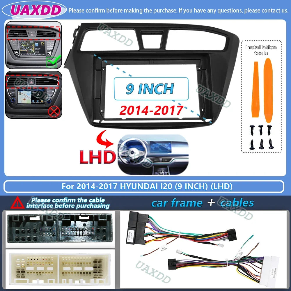 For 2014-2019 HYUNDAI I20 9INCH 2 Din Car stereo radio Android frame panel fascia cable video harness adapter player multimedia