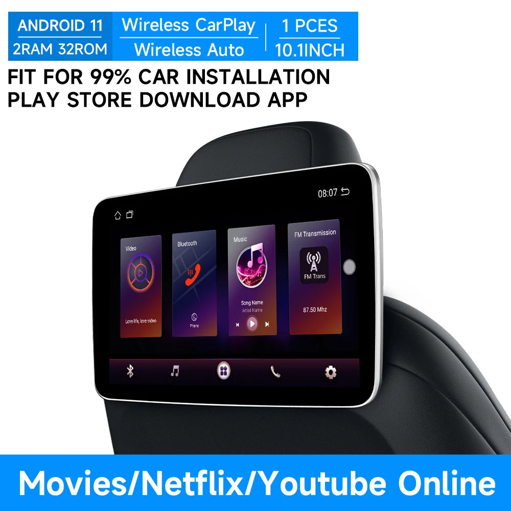 JIUYIN Car Screens Rear Seat Monitor Headrest TV Screen Android Auto CarPlay WiFi Movie/Netflix/Youtube Online Video Player