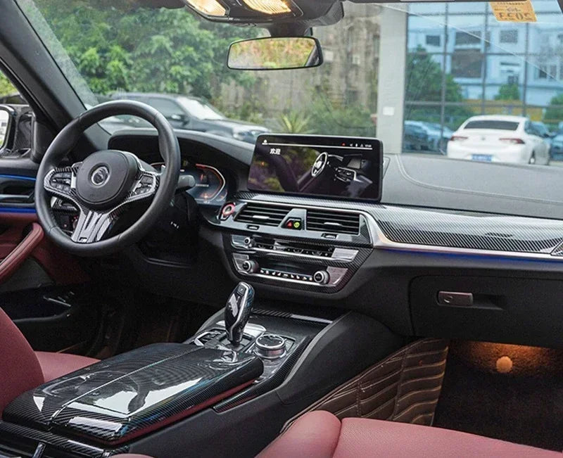 لسيارات BMW الفئة الخامسة G30 G38 2018-2023 من ألياف الكربون لوحة التحكم المركزية غطاء لوحة القيادة ملصقات الزخرفة ملحقات ضبط التصميم الداخلي
