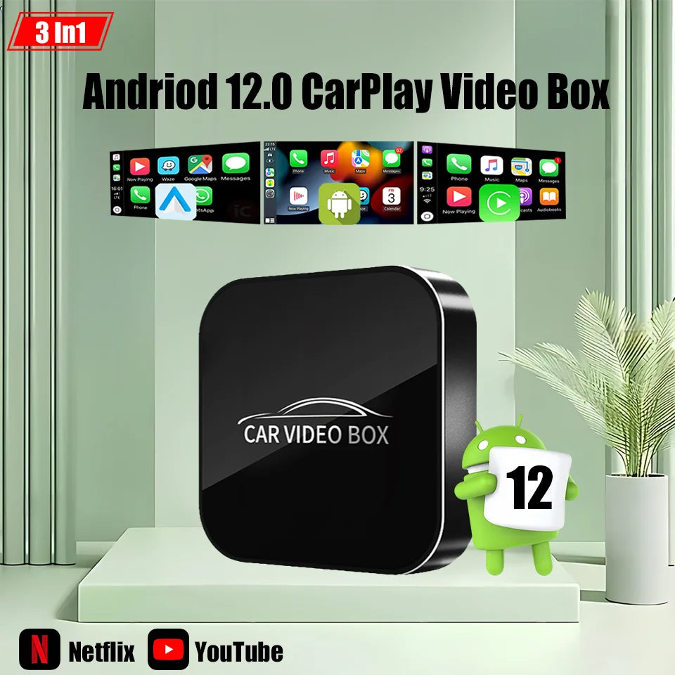 CarPlay Ai Box Wired to Wireless Andriod 12.0 & Carplay & Android Auto 3In1 Car Smart Multimedia Box Built-in Youtube Nexflit